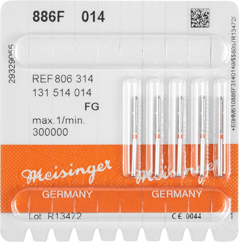 Diamanten 886  Packung  5 Stück rot fein, FG, Figur 131 Zylinder spitz, 10 mm, ISO 014