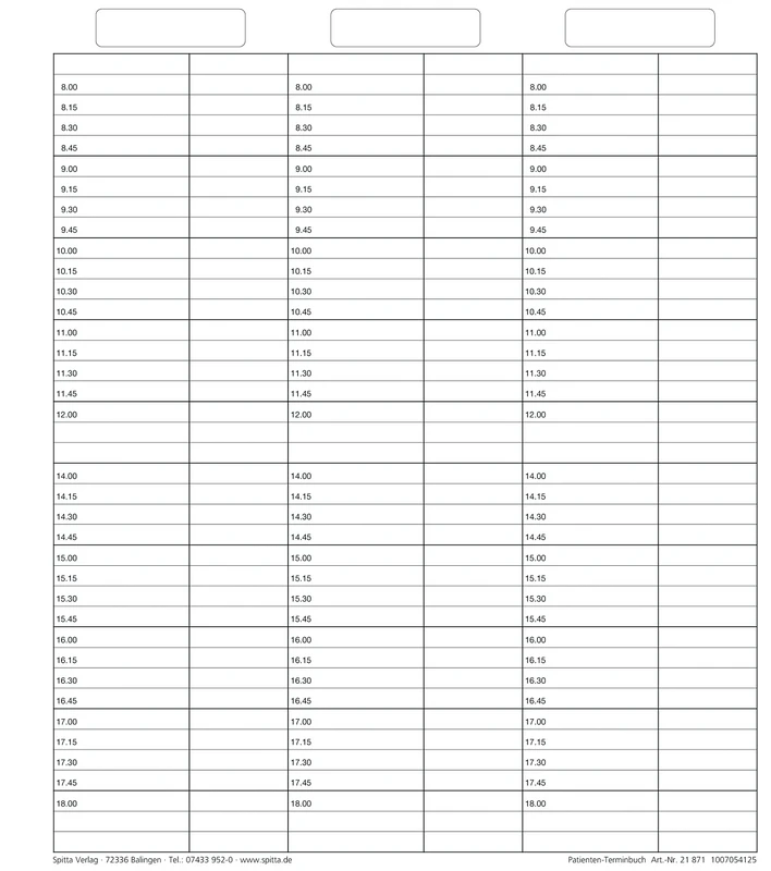 Terminbucheinlagen 6-spaltig   Packung  50 Stück reißfest, mit Uhrzeit verstärkt