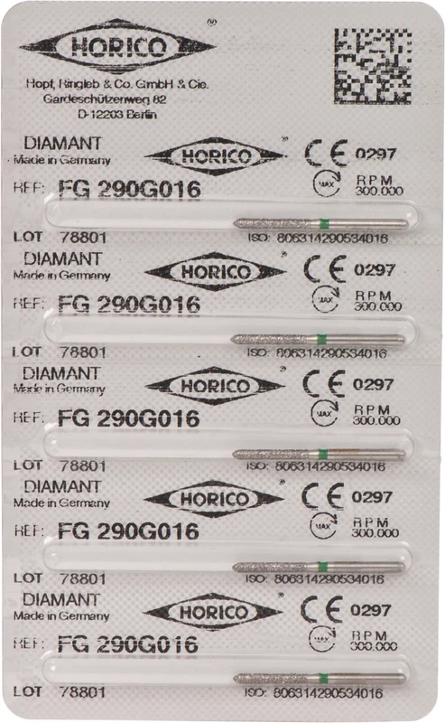 Diamantschleifer 290  Packung  5 Stück grün grob, FG, Figur 290, 10 mm, ISO 016