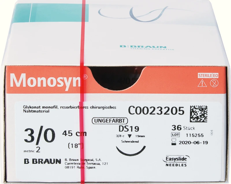 Monosyn®  Packung  36 Stück ungefärbt, 45 cm, DS19, 3\8 Kreis, schneidend, 19 mm, USP 3\0