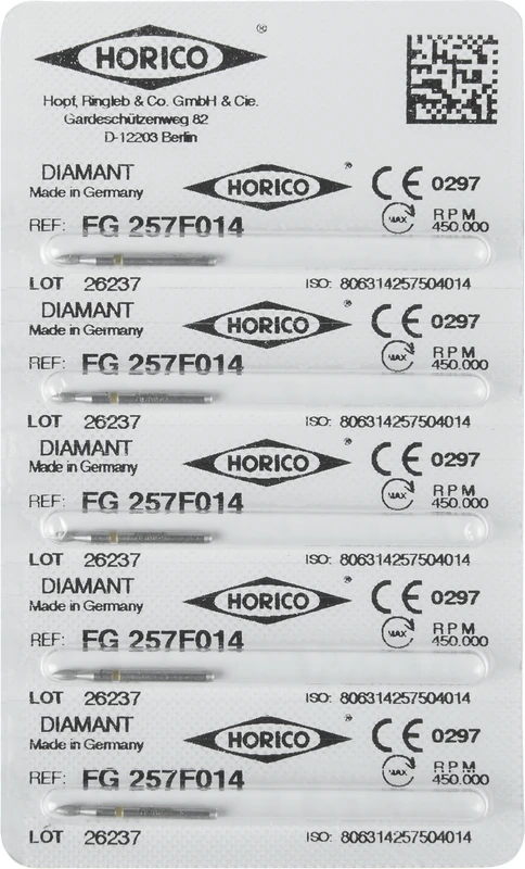 Diamantschleifer 257  Packung  5 Stück gelb x-fein, FG, Figur 257, 3 mm, ISO 014