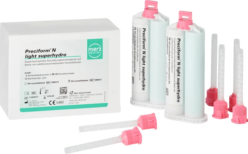 Preciform® N light superhydro  Packung  2 x 50 ml Doppelkartusche grün schnellhärtend, 12 Mischkanülen pink