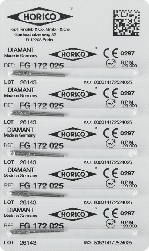 Diamantschleifer 172  Packung  5 Stück FG, Figur 172, 8 mm, ISO 025