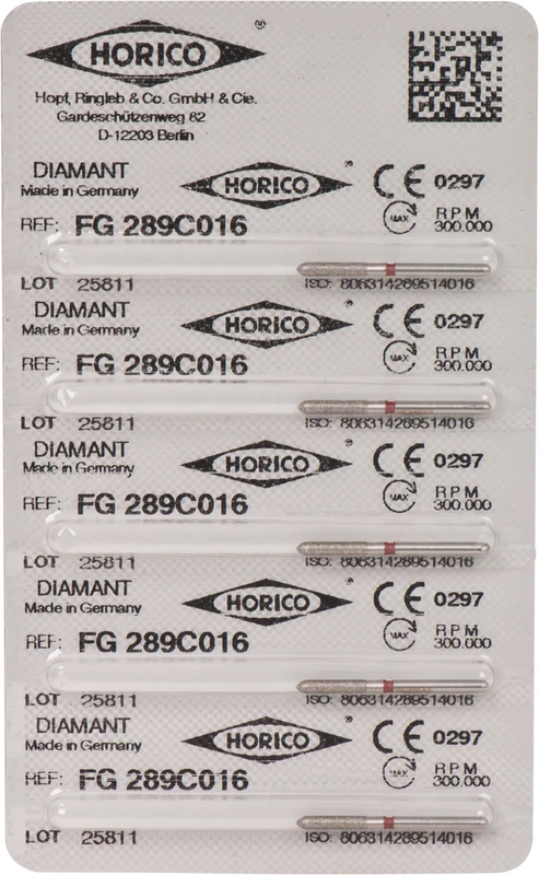 Diamantschleifer 289  Packung  5 Stück rot fein, FG, Figur 289, 8 mm, ISO 016