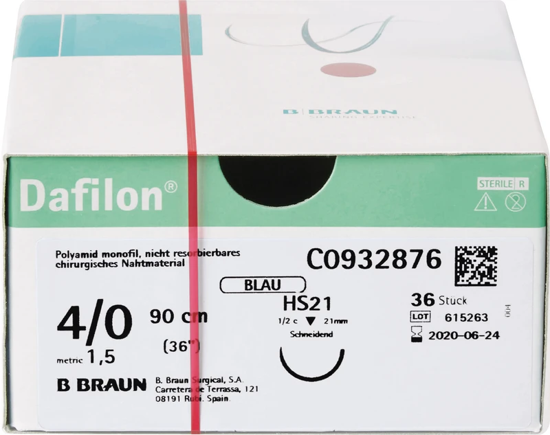 Dafilon®  Packung  36 Stück blau, 90 cm, HS21, 1\2 Kreis, schneidend, 21 mm, USP 4\0