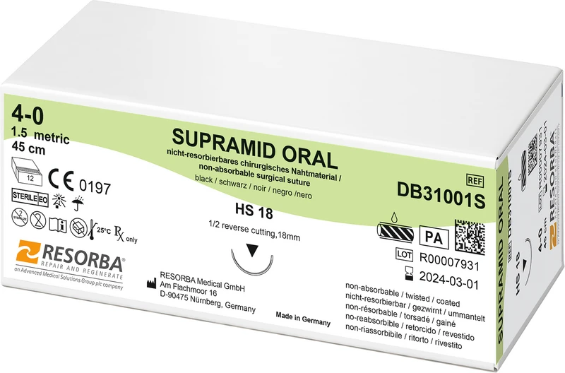 Supramid oral  Packung  12 Stück schwarz, 45 cm, HS 18, 1\2 Kreis, außen schneidend, 18 mm, USP 4\0