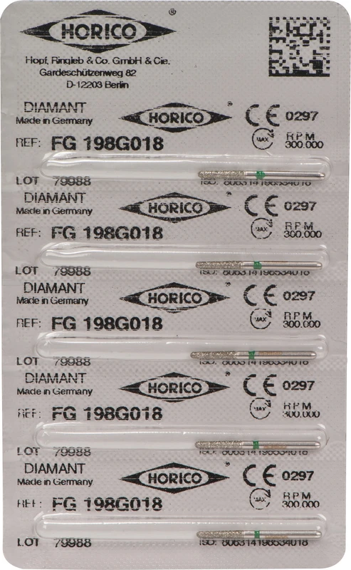 Diamantschleifer 198  Packung  5 Stück grün grob, FG, Figur 198, 8 mm, ISO 018