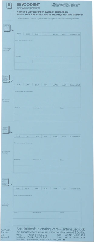 Adressfeld 730 für Chipkartenausdruck  Packung  200 Stück blau