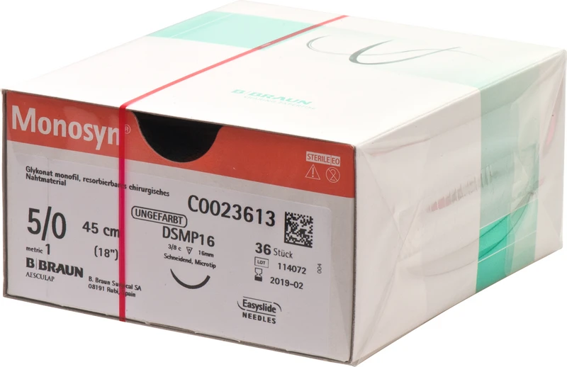 Monosyn®  Packung  36 Stück ungefärbt, 45 cm, DSMP16, 3\8 Kreis, schneidend, Mikropräzision, 16 mm, USP 5\0