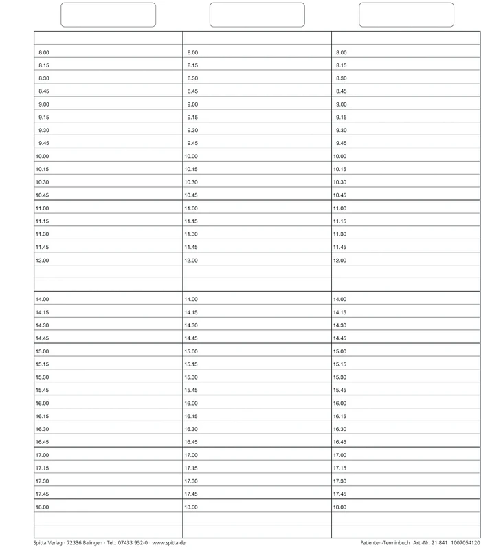 Einlageblatt Patienten-Terminbuch mit Uhrzeit   Packung  50 Stück mit Uhrzeit