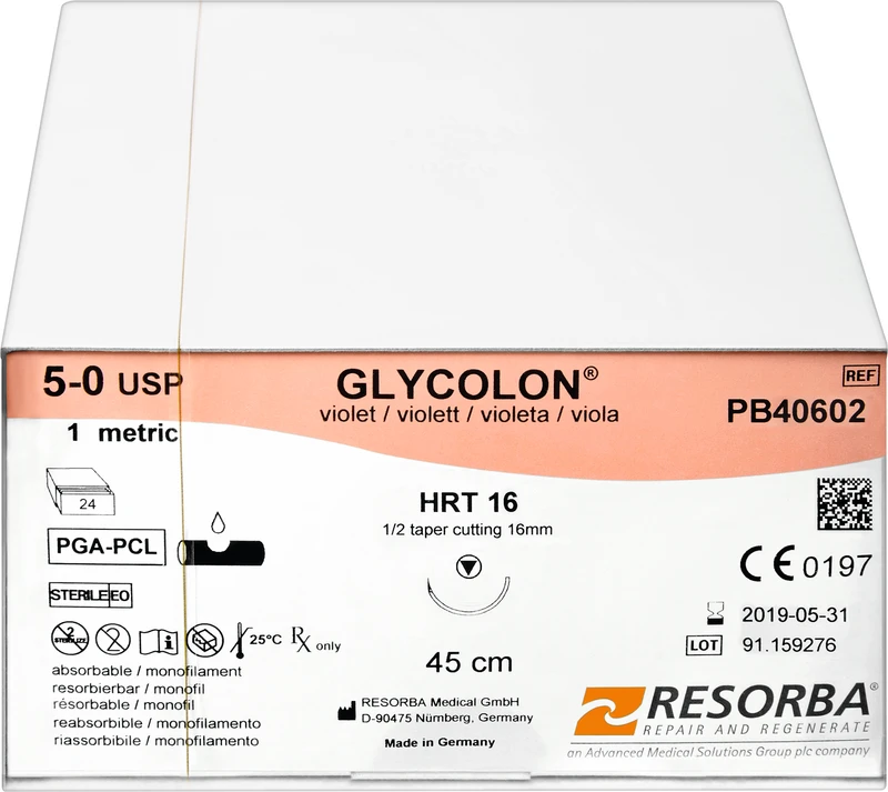Glycolon® Monofil  Packung  24 Stück violett, 45 cm, HRT16, 1\2 Kreis, schneidender Rundkörper (Diamant-Spitze), 16 mm, USP 5\0