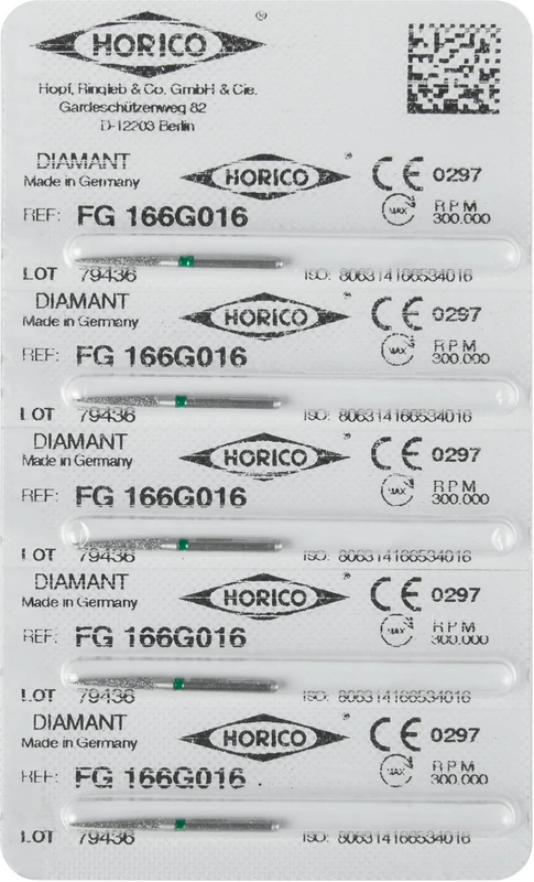 Diamantschleifer 166   Blister  5 Stück grün grob, FG, Figur 166, 10 mm, ISO 016