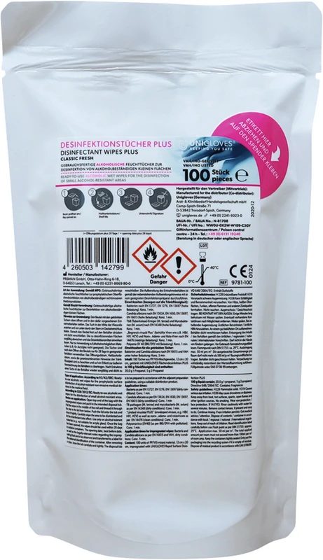 UNIGLOVES® Desinfektionstücher Plus Classic  Packung  100 Stück Fresh