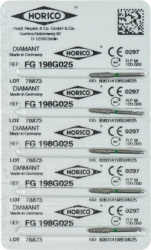 Diamantschleifer 198  Packung  5 Stück grün grob, FG, Figur 198, 8 mm, ISO 025