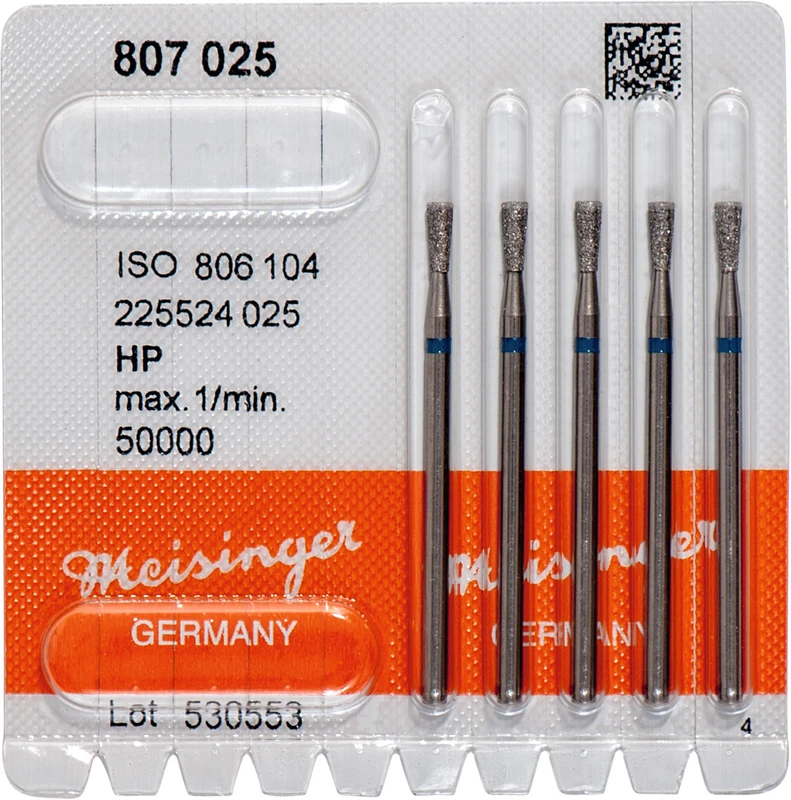 Diamanten 807  Packung  5 Stück blau mittel, HP, Figur 225, umgek. Kegel, Kante scharf, 6 mm, ISO 025