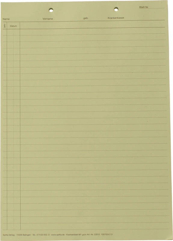 Krankenblatt M1   Stück  100 Blatt grün, kopfgelocht, A5