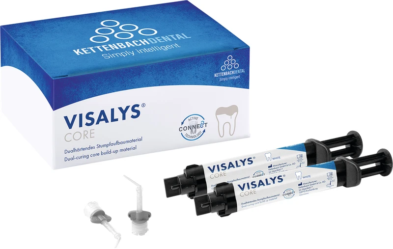 Visalys® Core   Normal pack  2 x 9 g (5 ml) Spritze weiß, 20 Mischkanülen, 10 Intraoral Tips, 10 Endo Tips