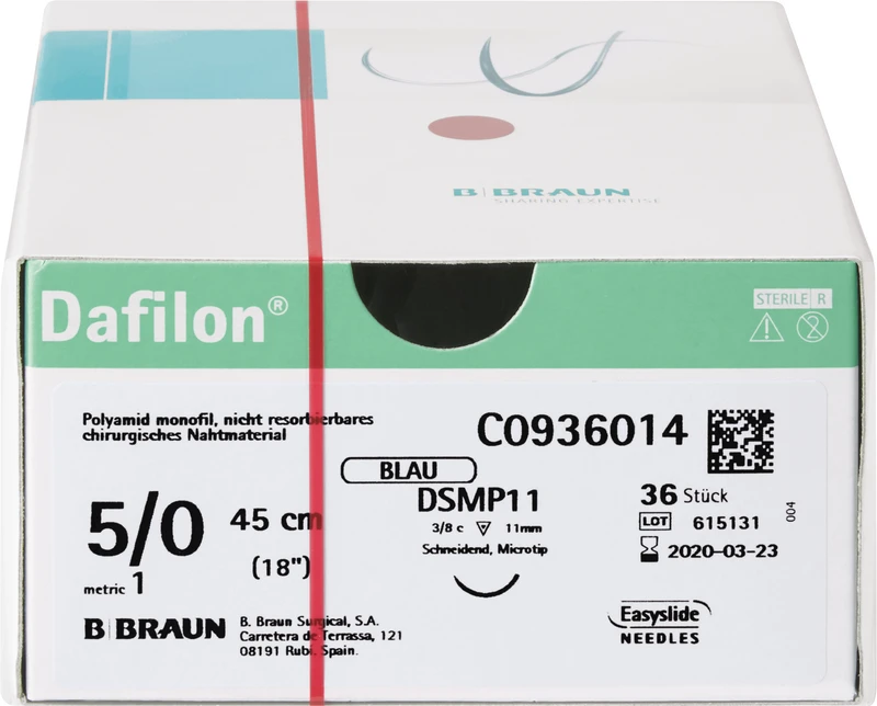 Dafilon®  Packung  36 Stück blau, 45 cm, DSMP11, 3\8 Kreis, schneidend, Mikropräzision, 11 mm, USP 5\0