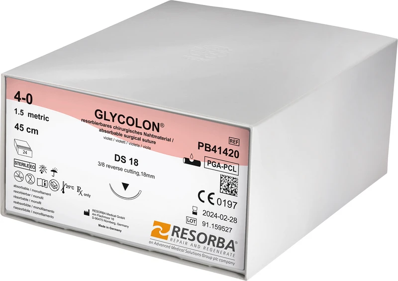 Glycolon® Monofil  Packung  24 Stück violett, 45 cm, DS18, 3\8 Kreis, außen schneidend, 18 mm, USP 4\0