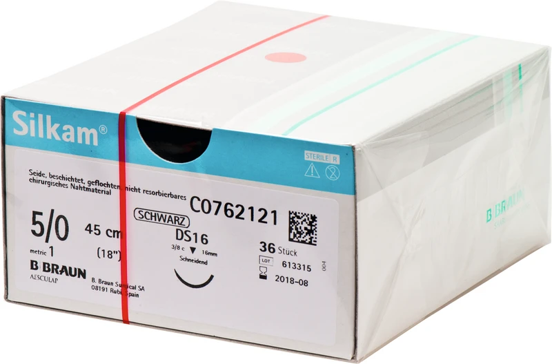 Silkam®  Packung  36 Stück schwarz, 45 cm, DS16, 3\8 Kreis, schneidend, 16 mm, USP 5\0