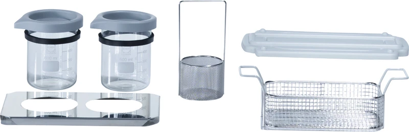 Hygosonic Glasset  Packung  2 x 600 ml Bechergläser mit Deckel und Gummihaltering, Lochblechtablett