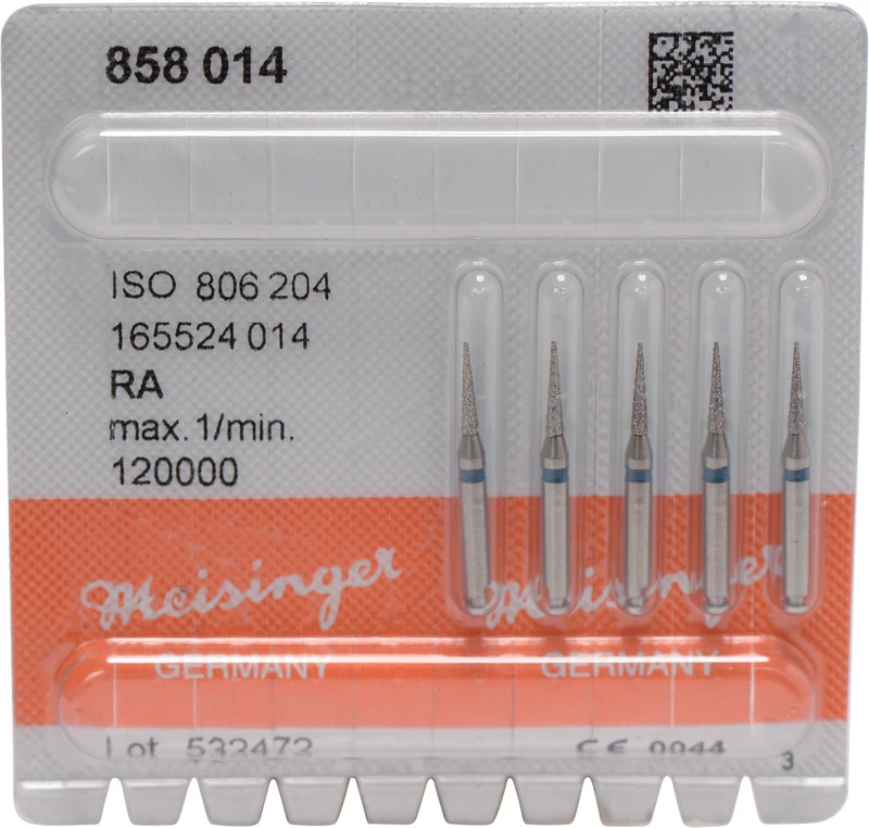 Diamanten 858  Packung  5 Stück blau mittel, RA, Figur 165 kon. spitz, Nadel, 8 mm, ISO 014