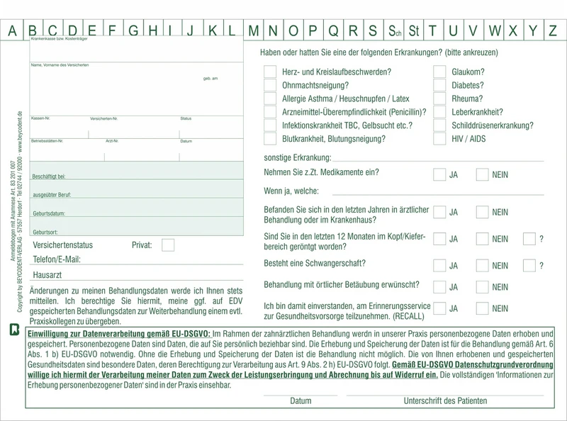 Anmeldebogen-Anamnesebogen A5   Stück  100 Blatt