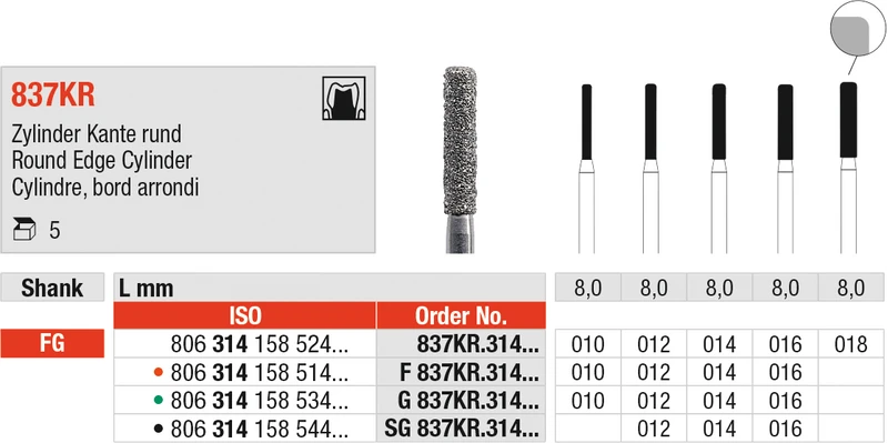 Diamanten 837L  Packung  5 Stück grün grob, FG, Figur 112 Zylinder lang, 10 mm, ISO 014