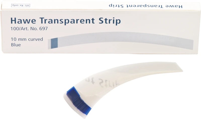 Strips transparent  Packung  100 Stück blau, 73 mm, Breite 10 mm, gebogen