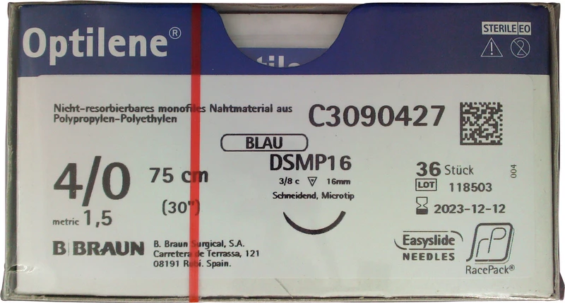 Optilene®  Packung  36 Stück blau, 75 cm, DSMP16, 3\8 Kreis, schneidend, Mikropräzision, 16 mm, USP 4\0