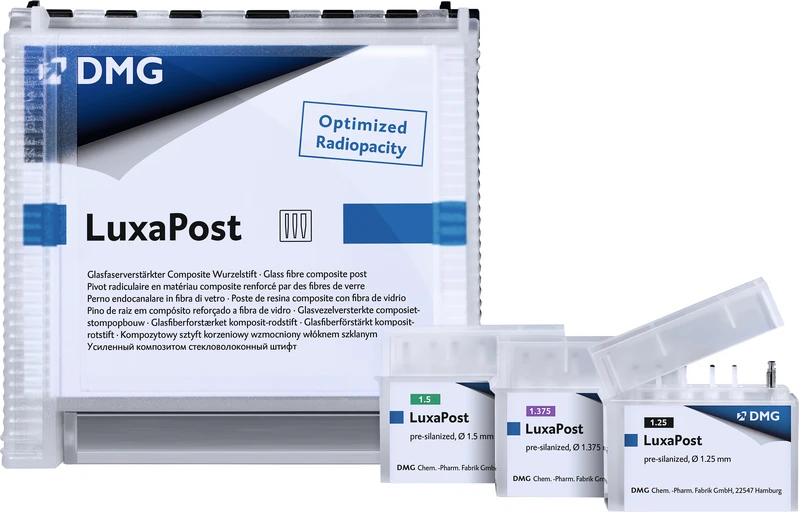 LuxaPost®  Einführungspackung  15 Stifte (Ø 1,25 mm, Ø 1,375 mm, Ø 1,5 mm), 3 Bohrer (Ø 1,25 mm, Ø 1,375 mm, Ø 1,5 mm), 30 Tiefenmarkierer, 1 Messkarte