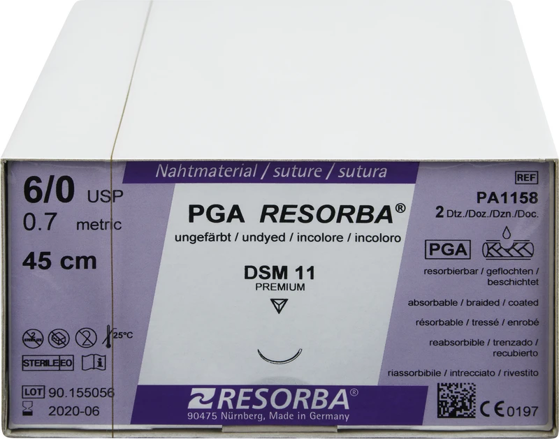 RESORBA® PGA  Packung  24 Stück ungefärbt, 45 cm, DSM11, 3\8 Kreis, außen schneidend, Premium-Schliff, 11 mm, USP 6\0