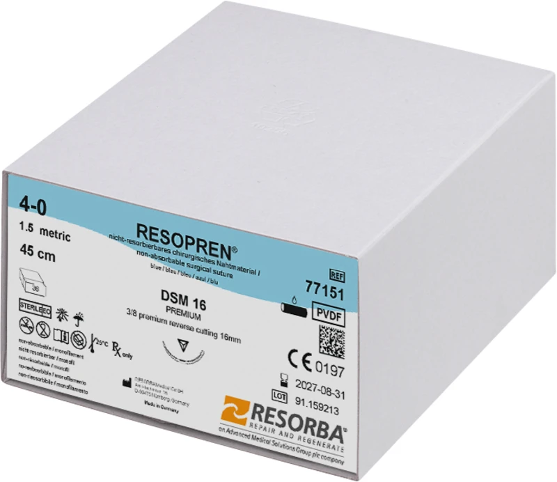 RESOPREN®  Packung  36 Stück blau, 45 cm, DSM16, 3\8 Kreis, außen schneidend, Premium-Schliff, 16 mm, USP 4\0