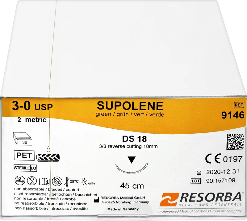 RESORBA® Supolene  Packung  36 Stück grün, 45 cm, DS18, 3\8 Kreis, außen schneidend, 18 mm, USP 3\0