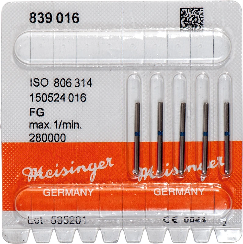 Diamanten 839  Packung  5 Stück blau mittel, FG, Figur 150 Zylinder, Stirn belegt, 0,2 mm, ISO 016