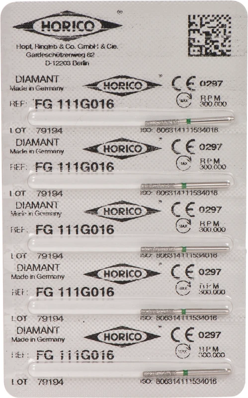 Diamantschleifer 111  Packung  5 Stück grün grob, FG, Figur 111, 8 mm, ISO 016