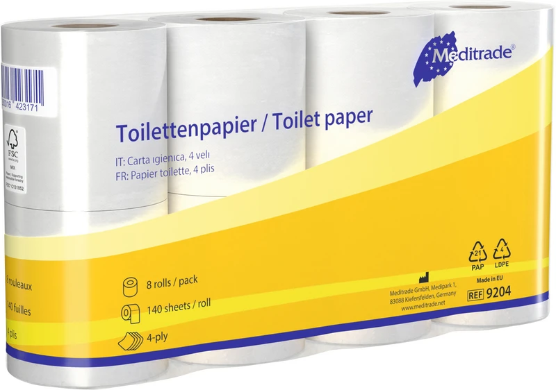 Toilettenpapier   Packung  8 Rollen weiß, 4-lagig, unsteril