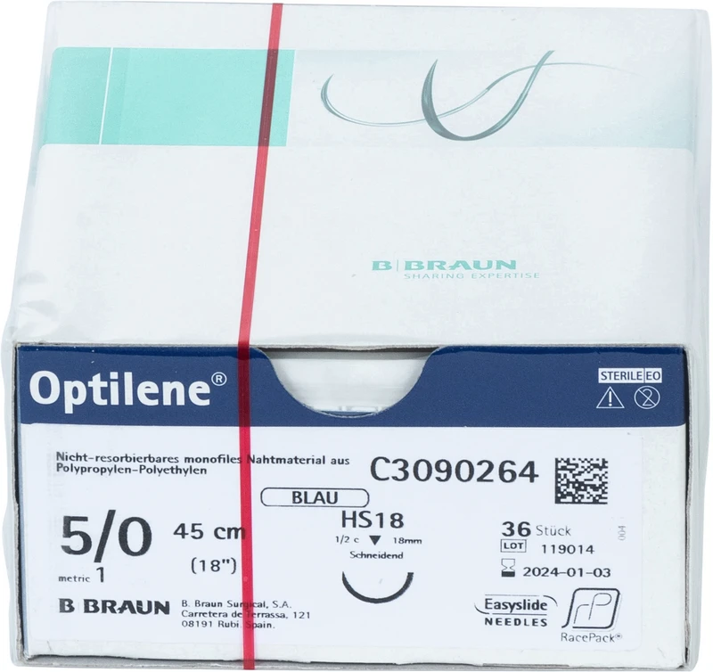 Optilene®  Packung  36 Stück blau, 45 cm, HS18, 1\2 Kreis, schneidend, 18 mm, USP 5\0