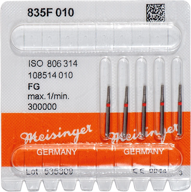 Diamanten 835  Packung  5 Stück rot fein, FG, Figur 108 Zylinder, 3,5 mm, ISO 010