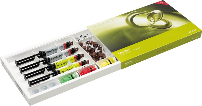 ParaCore® SLOW  Introkit  4 x 5 ml Spritze slow (dentin, translucent), 3 ml ParaBond Non-Rinse Conditioner, 2 x 3 ml ParaBond Adhesive (A, B), 20 Mixing Tips