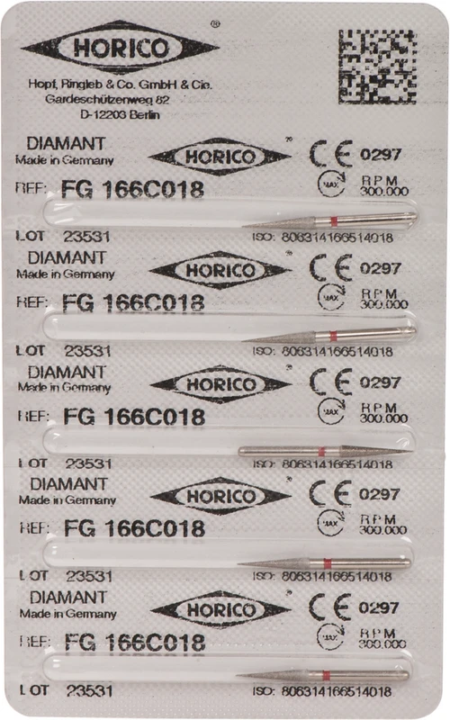 Diamantschleifer 166   Blister  5 Stück rot fein, FG, Figur 166, 10 mm, ISO 018