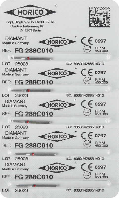 Diamantschleifer 288  Packung  5 Stück rot fein, FG, Figur 289, 8 mm, fein, FG, Figur 288, 6 mm, ISO 010