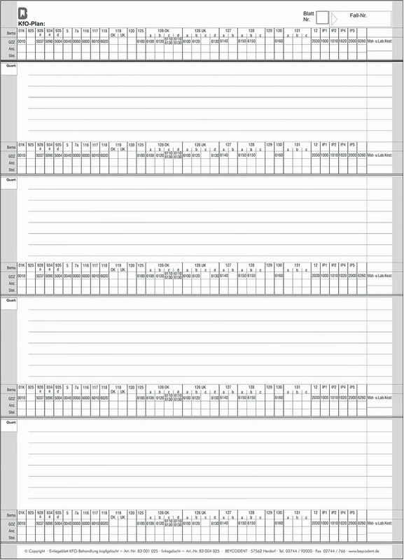 Einlegeblatt KFO-Behandlung   Packung  100 Stück linksgelocht, für DIN A4-Karteikarte