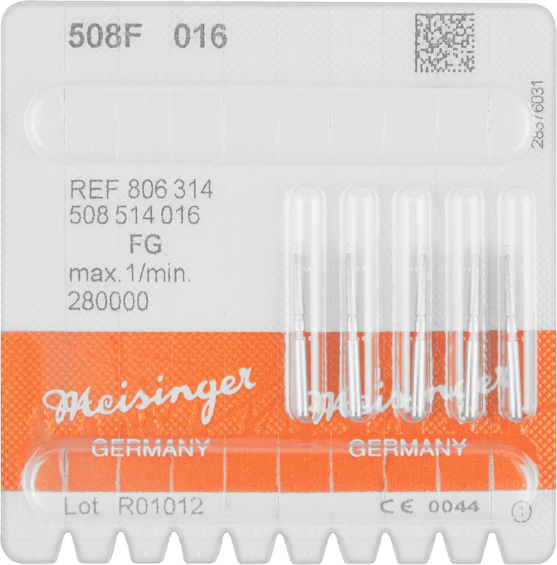 Diamanten 508  Packung  5 Stück rot fein, FG, Fig. 508 kon. Hohlkehle m. Führungssp., 7,5 mm, ISO 016