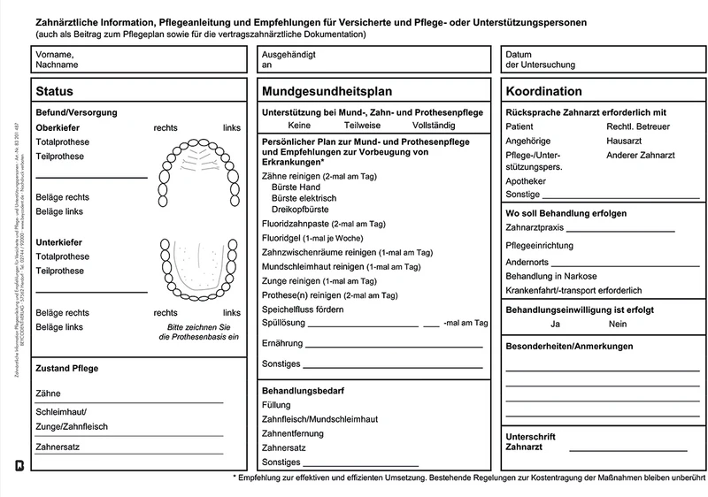 Zahnärztliche Information Pflegeanleitung  Packung  100 Stück
