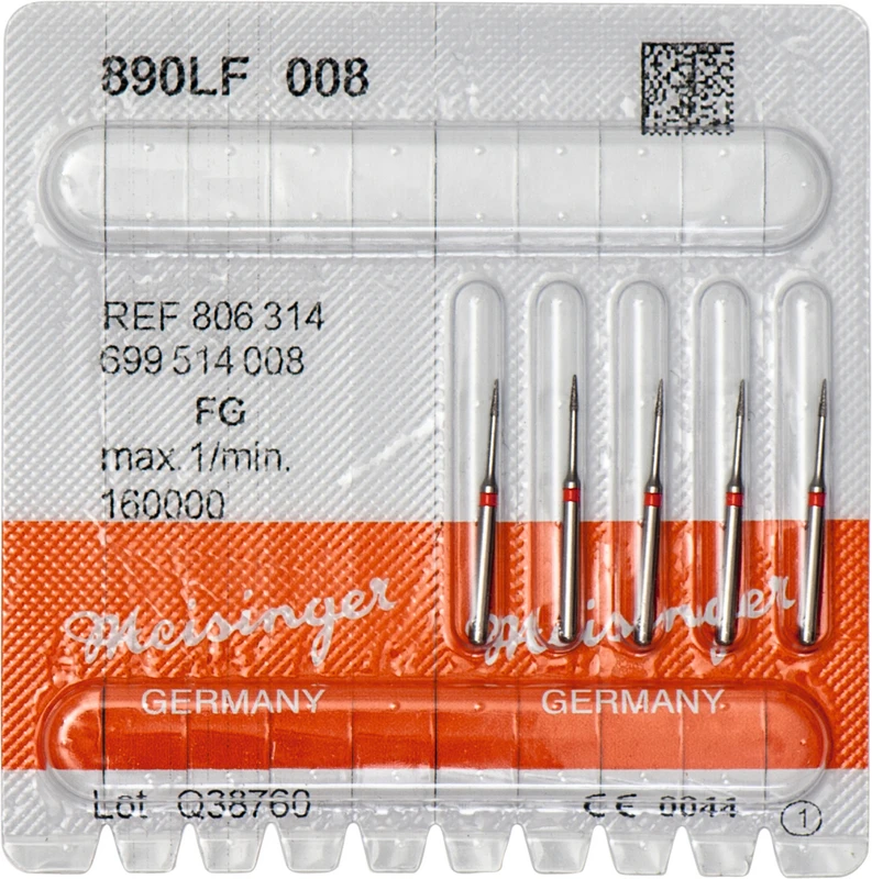 Diamanten 890  Packung  5 Stück rot fein, FG, Figur 699 Nadel konisch spitz, 3 mm, ISO 008