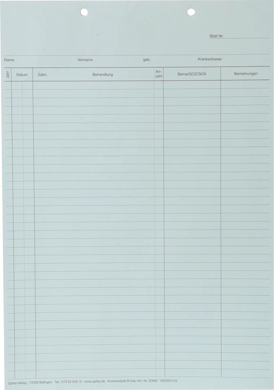 Krankenblatt B   Stück  100 Blatt blau, kopfgelocht, für DIN A5