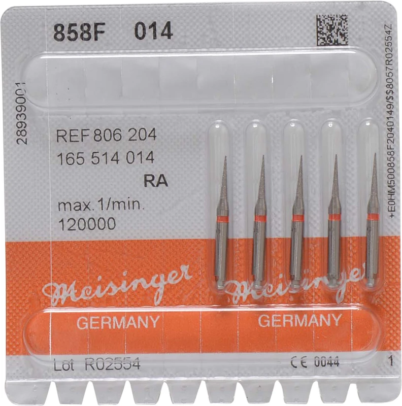Diamanten 858  Packung  5 Stück rot fein, RA, Figur 165 kon. spitz, Nadel, 8 mm, ISO 014