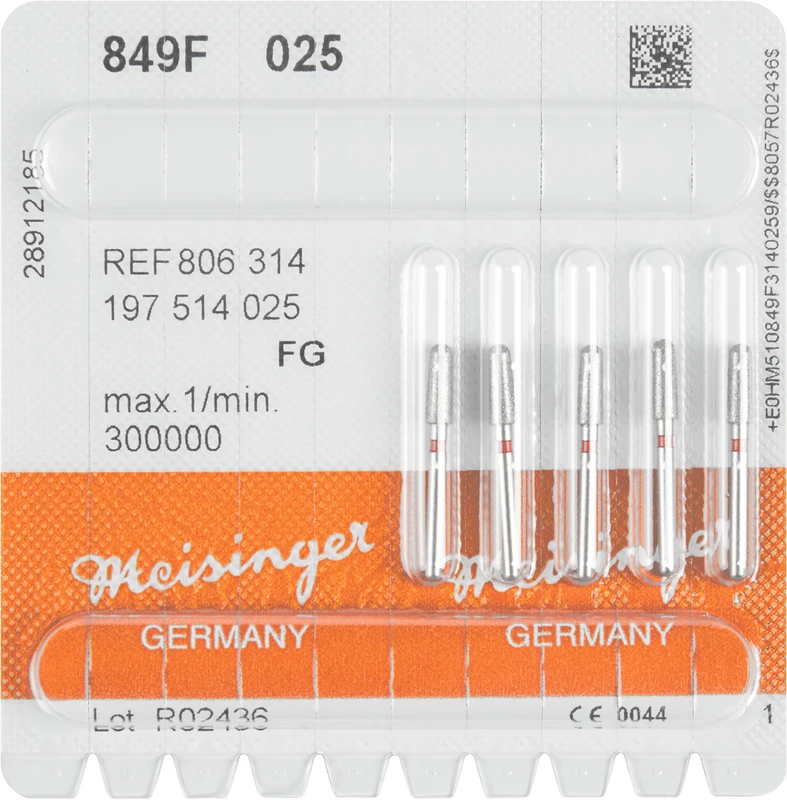 Diamanten 849  Packung  5 Stück rot fein, FG, Figur 197 Konus rund, 6 mm, ISO 018