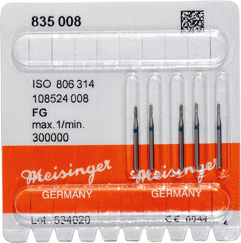 Diamanten 835  Packung  5 Stück blau mittel, FG, Figur 108 Zylinder, 3 mm, ISO 008